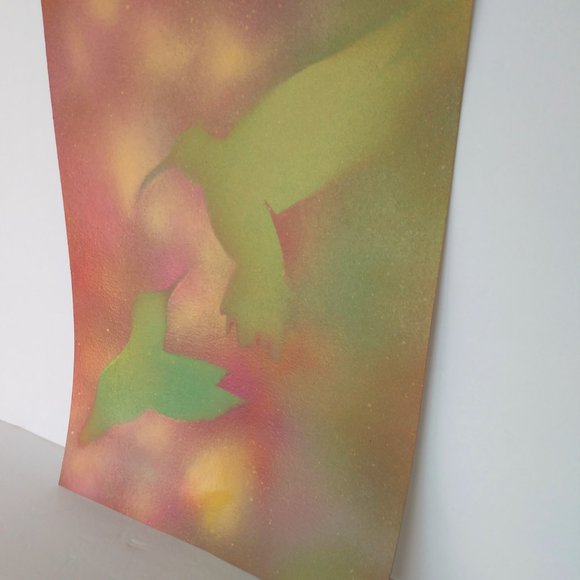 Handmade Abstract Painting of Two Green Hummingbirds In Flowers on 15x11 paper - Picture 2 of 14